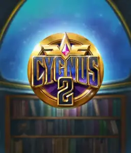 Discover the captivating graphics of Cygnus 2 Slot by ELK Studios, showcasing a luxurious emblem with a bright purple and gold design. Positioned against a mystical library backdrop, this image captures the essence of mystical exploration. 